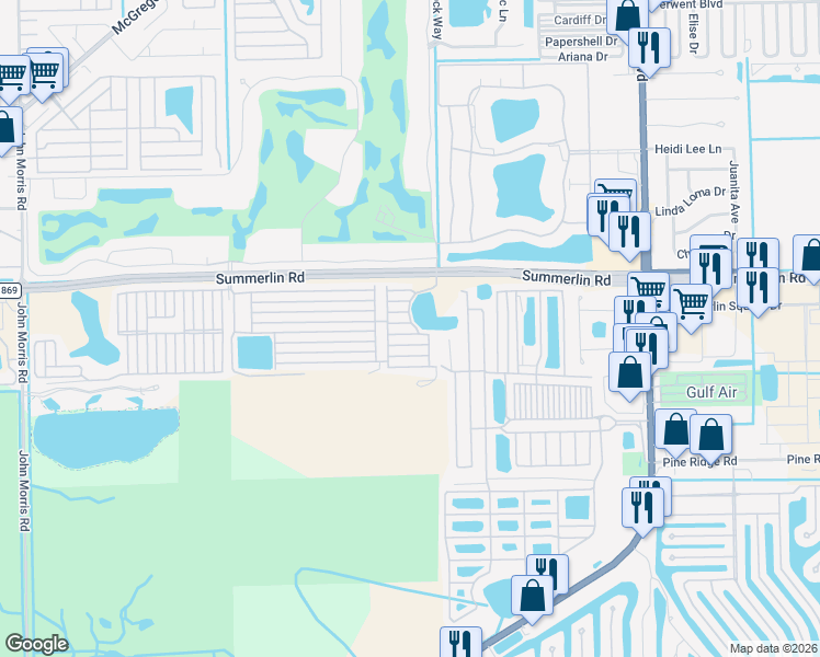 map of restaurants, bars, coffee shops, grocery stores, and more near 19111 Summerlin Road in Fort Myers