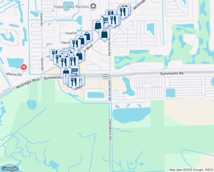 map of restaurants, bars, coffee shops, grocery stores, and more near 17683 Summerlin Road in Fort Myers