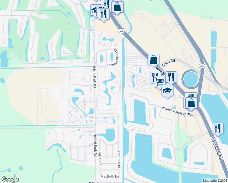map of restaurants, bars, coffee shops, grocery stores, and more near 17160 Hawks Nest in Fort Myers