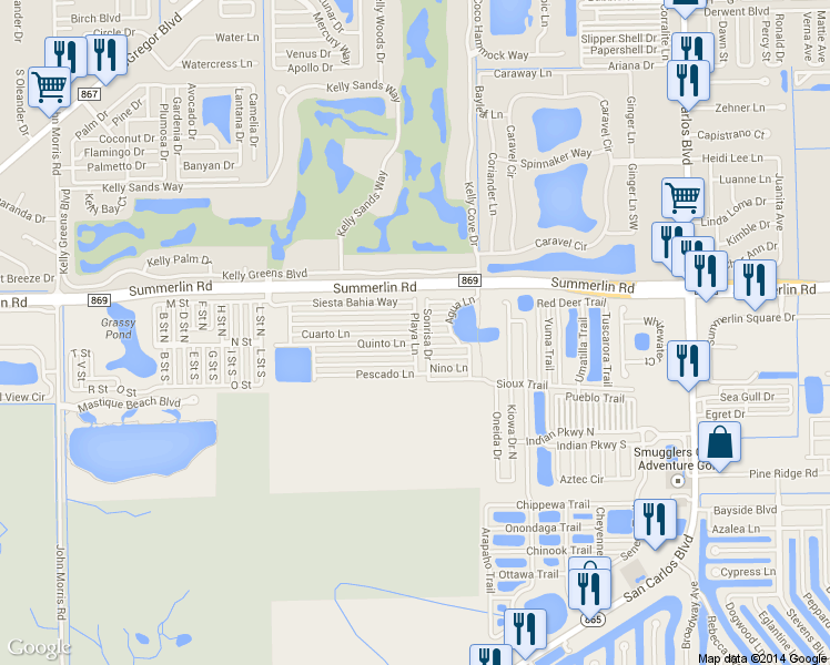 map of restaurants, bars, coffee shops, grocery stores, and more near Playa Lane in Fort Myers