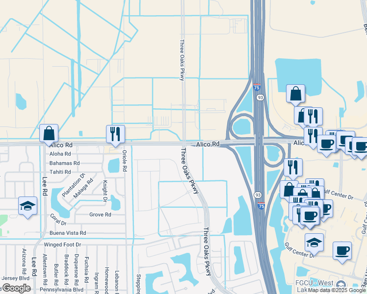 map of restaurants, bars, coffee shops, grocery stores, and more near 1731 3 Oaks Parkway in Fort Myers