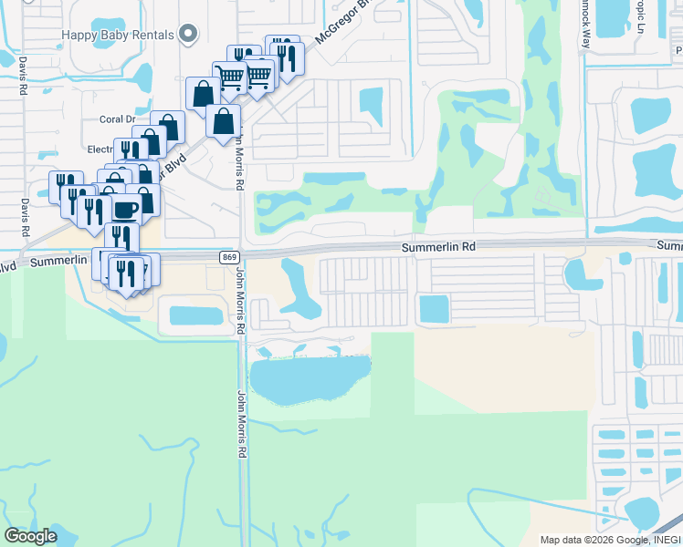 map of restaurants, bars, coffee shops, grocery stores, and more near 19681 Summerlin Road in Fort Myers