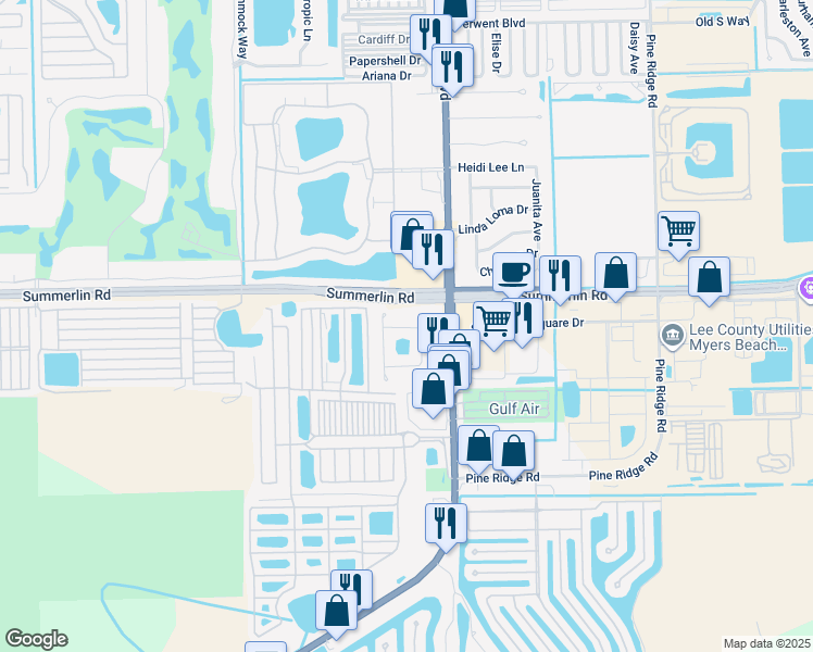 map of restaurants, bars, coffee shops, grocery stores, and more near 17228 Whitewater Court in Fort Myers Beach