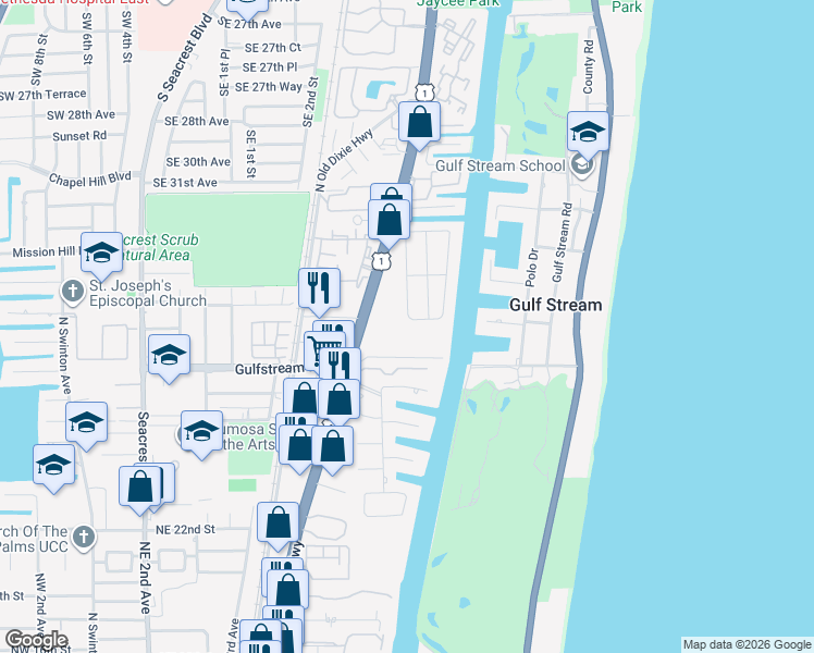 map of restaurants, bars, coffee shops, grocery stores, and more near 3100 Palm Drive in Delray Beach