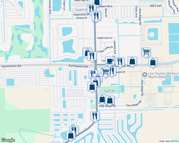 map of restaurants, bars, coffee shops, grocery stores, and more near 17228 Whitewater Court in Fort Myers Beach