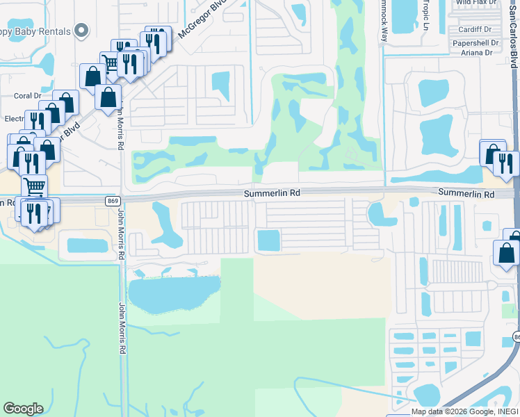 map of restaurants, bars, coffee shops, grocery stores, and more near 19333 Summerlin Road in Fort Myers