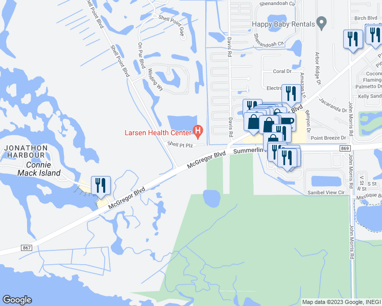 map of restaurants, bars, coffee shops, grocery stores, and more near 13901 Shell Point Plaza in Fort Myers