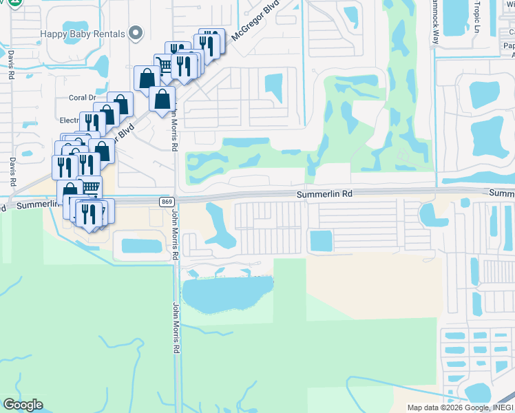 map of restaurants, bars, coffee shops, grocery stores, and more near 19681 Summerlin Road in Fort Myers
