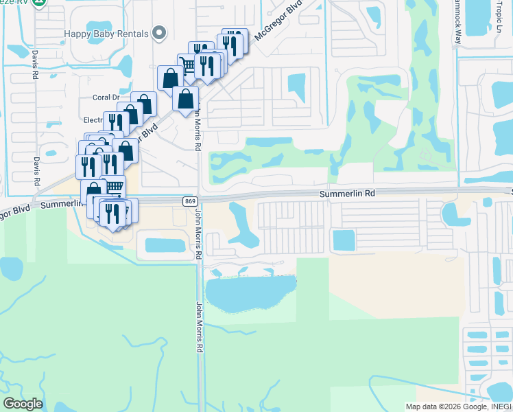 map of restaurants, bars, coffee shops, grocery stores, and more near 420 A Street North in Fort Myers
