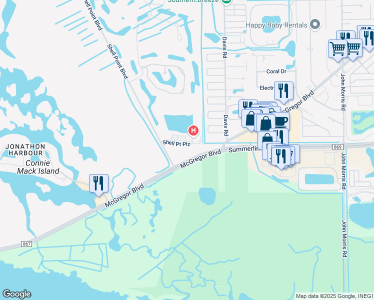 map of restaurants, bars, coffee shops, grocery stores, and more near 13901 Shell Point Plaza in Fort Myers