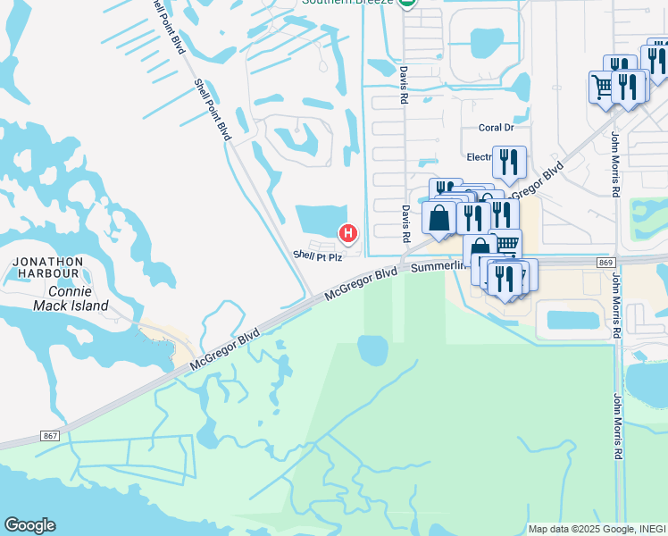 map of restaurants, bars, coffee shops, grocery stores, and more near 13901 Shell Point Plaza in Fort Myers
