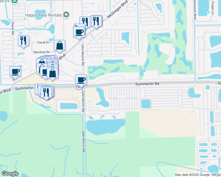 map of restaurants, bars, coffee shops, grocery stores, and more near 420 A Street North in Fort Myers