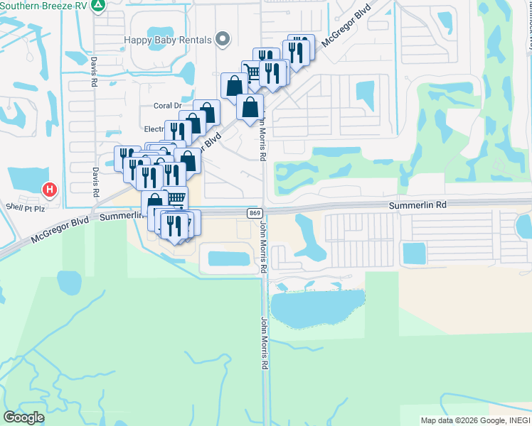 map of restaurants, bars, coffee shops, grocery stores, and more near 17683 Summerlin Road in Fort Myers