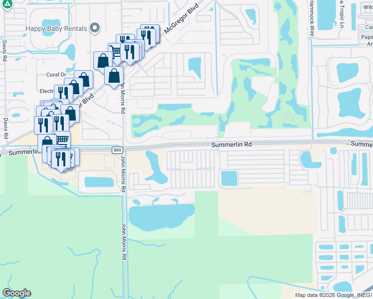 map of restaurants, bars, coffee shops, grocery stores, and more near 19681 Summerlin Road in Fort Myers