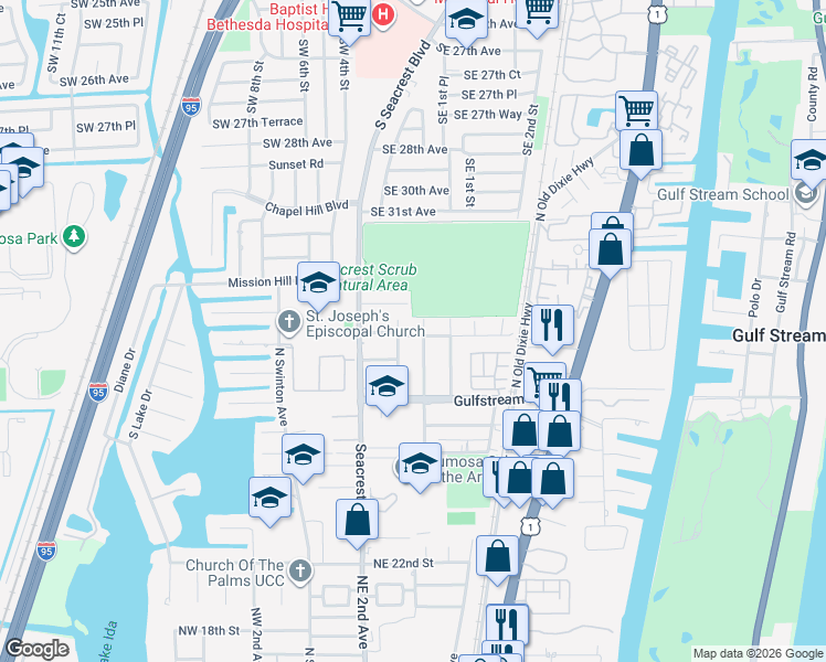 map of restaurants, bars, coffee shops, grocery stores, and more near 3501 Southeast 1st Street in Boynton Beach