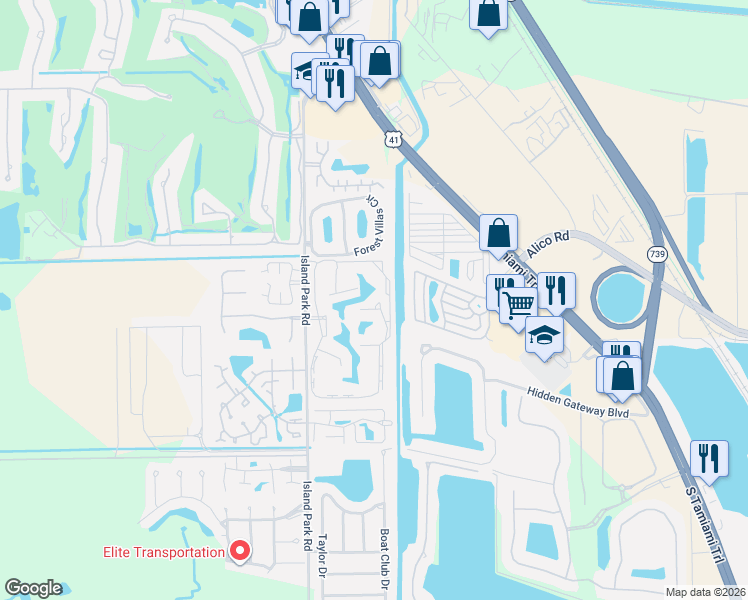 map of restaurants, bars, coffee shops, grocery stores, and more near 12 Estero Verde Drive in Fort Myers