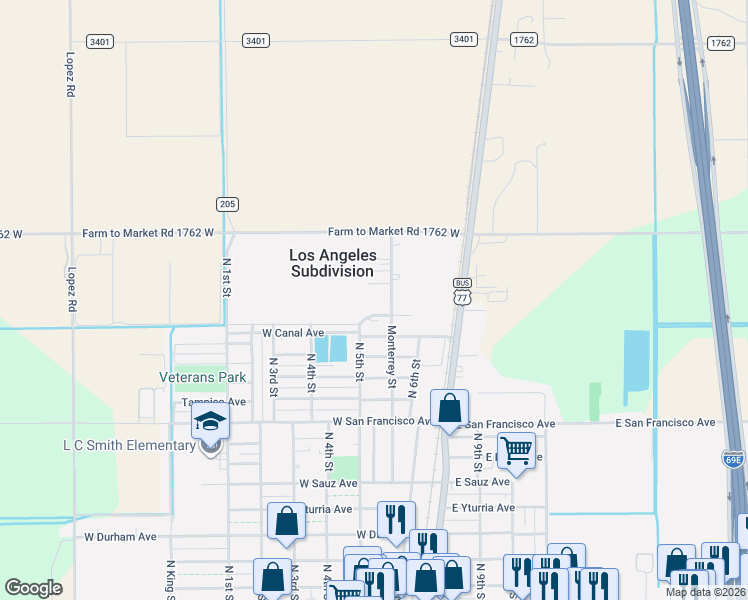 map of restaurants, bars, coffee shops, grocery stores, and more near 1351-1399 Monterrey Street in Raymondville