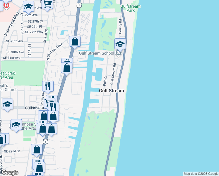 map of restaurants, bars, coffee shops, grocery stores, and more near 3232 Gulfstream Road in Delray Beach