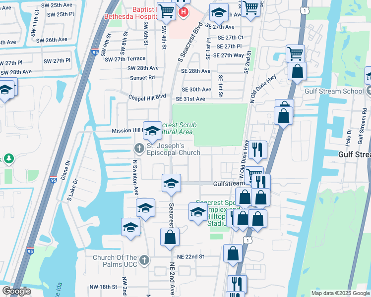 map of restaurants, bars, coffee shops, grocery stores, and more near 3501 Southeast 1st Street in Boynton Beach