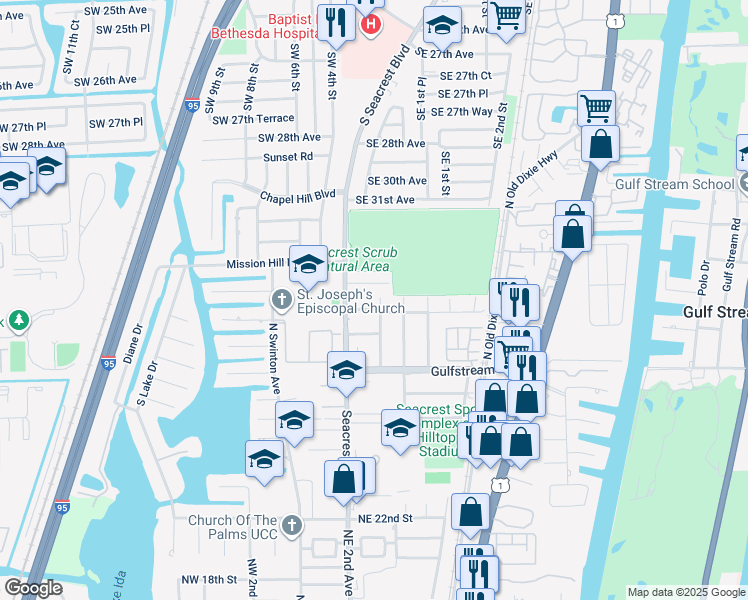 map of restaurants, bars, coffee shops, grocery stores, and more near 3501 Southeast 1st Street in Boynton Beach