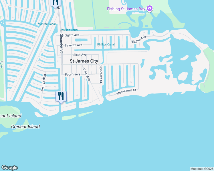 map of restaurants, bars, coffee shops, grocery stores, and more near 5861 Cocoanut Street in Saint James City