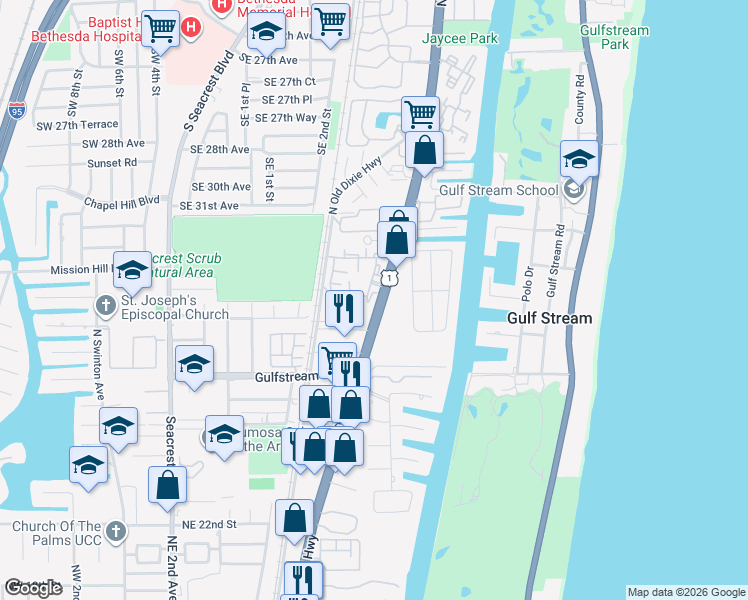 map of restaurants, bars, coffee shops, grocery stores, and more near 3555 South Federal Highway in Boynton Beach