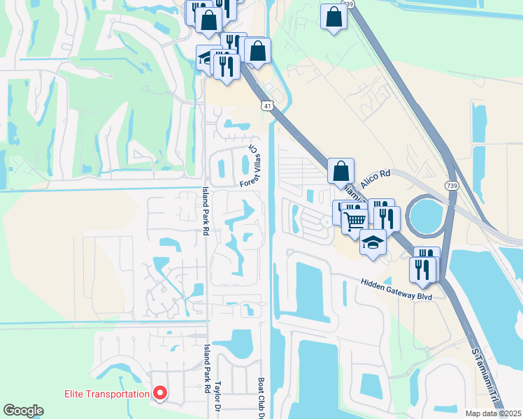 map of restaurants, bars, coffee shops, grocery stores, and more near 12 Estero Verde Drive in Fort Myers