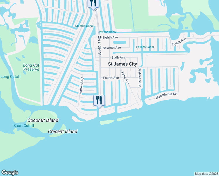 map of restaurants, bars, coffee shops, grocery stores, and more near 2320 Date Street in Saint James City