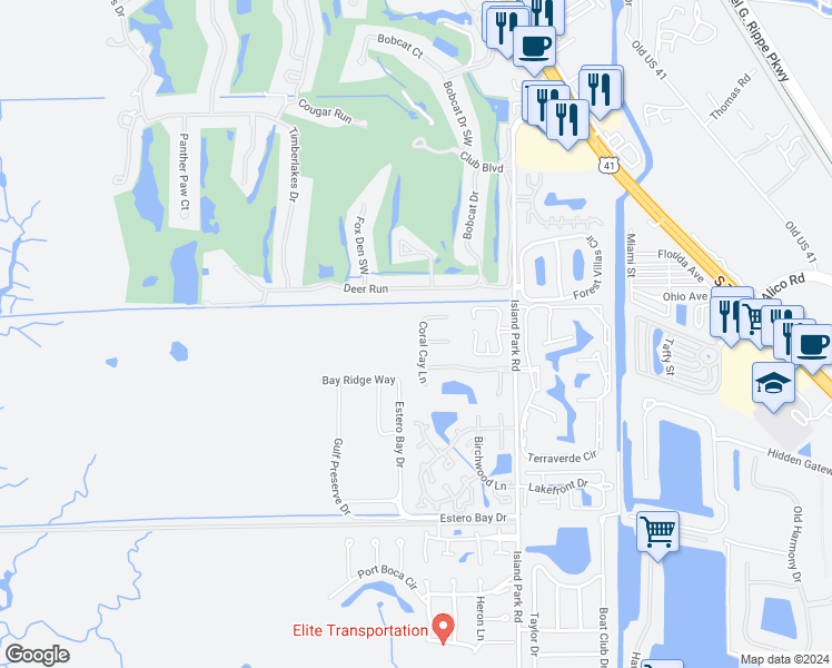 map of restaurants, bars, coffee shops, grocery stores, and more near 17100 Coral Cay Lane in Fort Myers