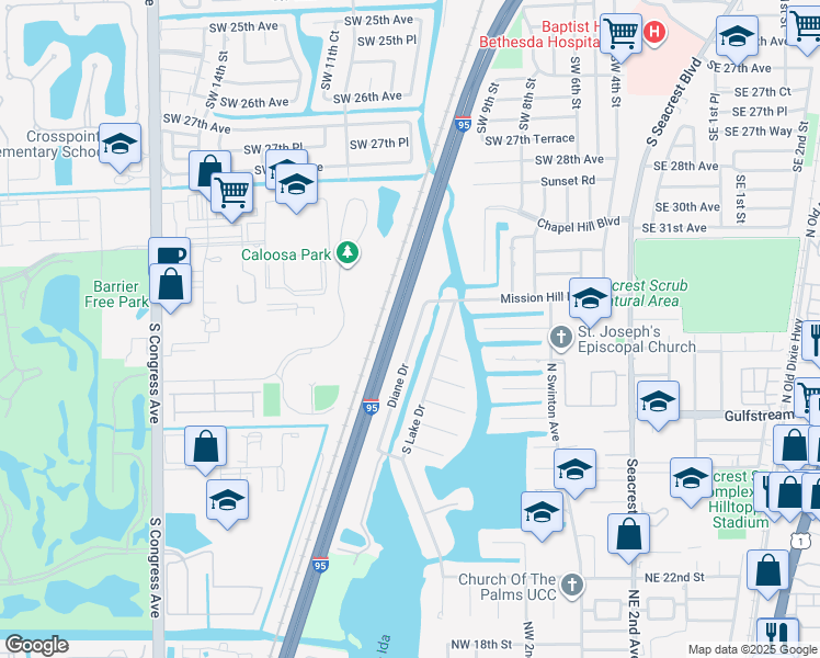 map of restaurants, bars, coffee shops, grocery stores, and more near 3419 Diane Drive in Boynton Beach