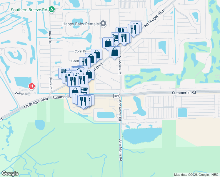 map of restaurants, bars, coffee shops, grocery stores, and more near 13040 Point Breeze Drive in Fort Myers