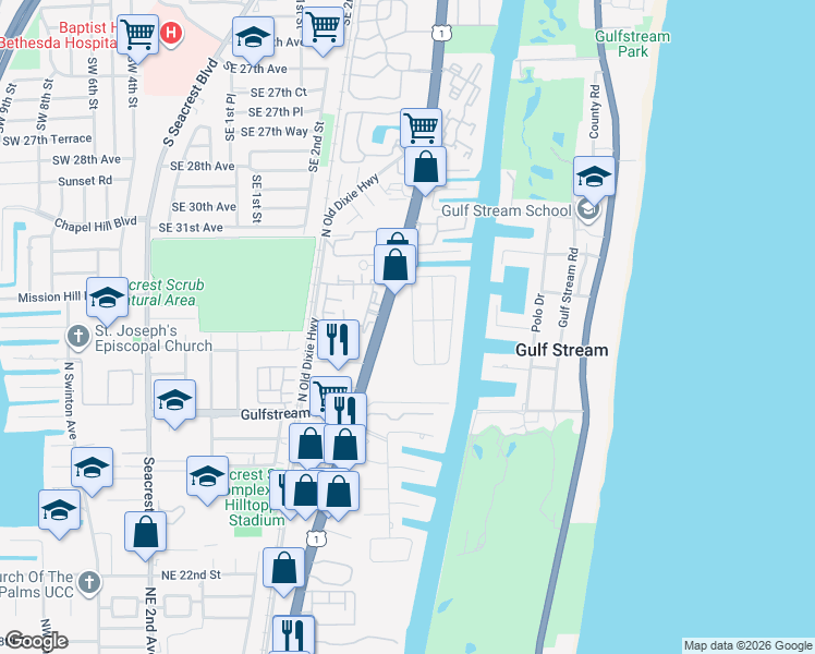 map of restaurants, bars, coffee shops, grocery stores, and more near 3122 Palm Drive in Delray Beach