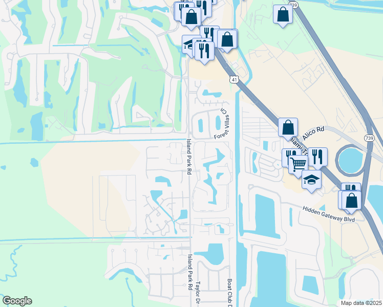 map of restaurants, bars, coffee shops, grocery stores, and more near 17034 Terraverde Circle in Fort Myers