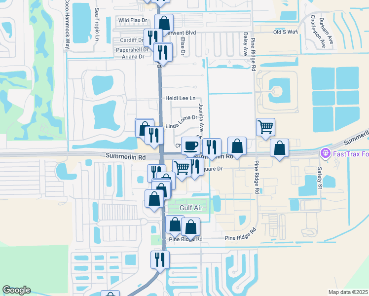 map of restaurants, bars, coffee shops, grocery stores, and more near 11471 Char Ann Drive in Fort Myers
