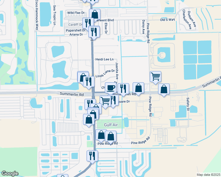 map of restaurants, bars, coffee shops, grocery stores, and more near 16941 Juanita Avenue in Fort Myers
