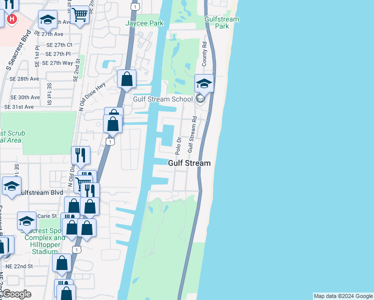 map of restaurants, bars, coffee shops, grocery stores, and more near 3232 Gulfstream Road in Delray Beach