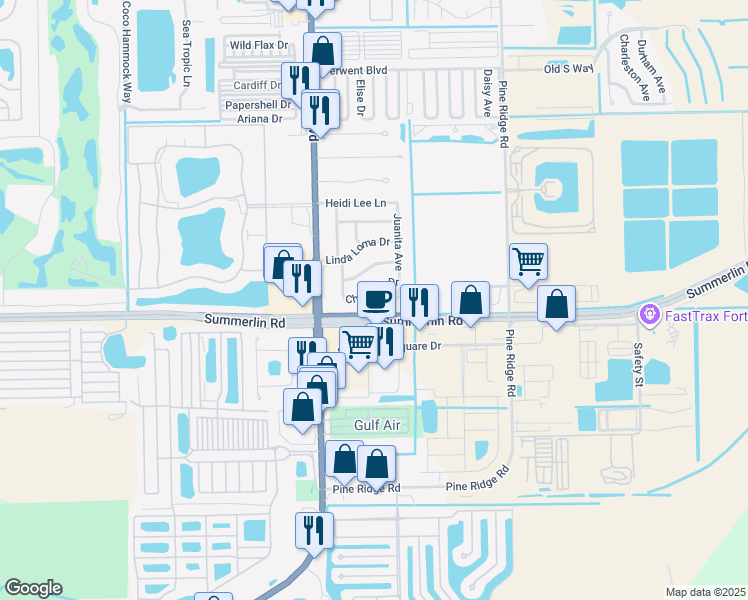 map of restaurants, bars, coffee shops, grocery stores, and more near 16941 Juanita Avenue in Fort Myers