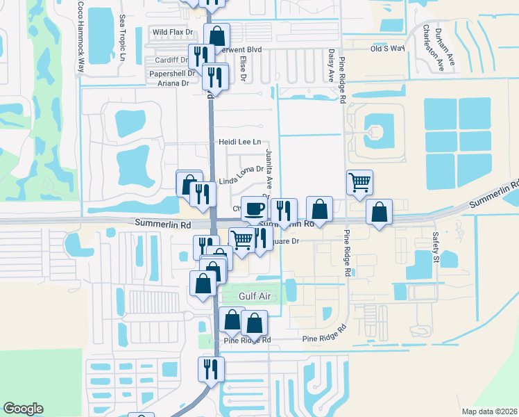 map of restaurants, bars, coffee shops, grocery stores, and more near 16930 Juanita Avenue in Fort Myers