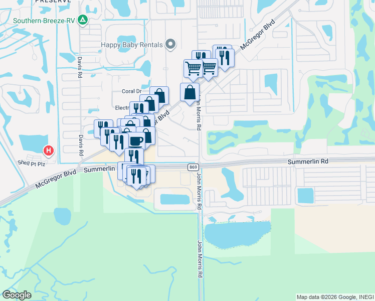 map of restaurants, bars, coffee shops, grocery stores, and more near 13040 Point Breeze Drive in Fort Myers
