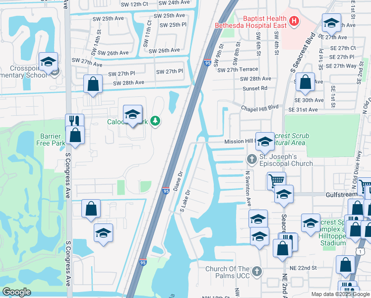 map of restaurants, bars, coffee shops, grocery stores, and more near 3419 Diane Drive in Boynton Beach