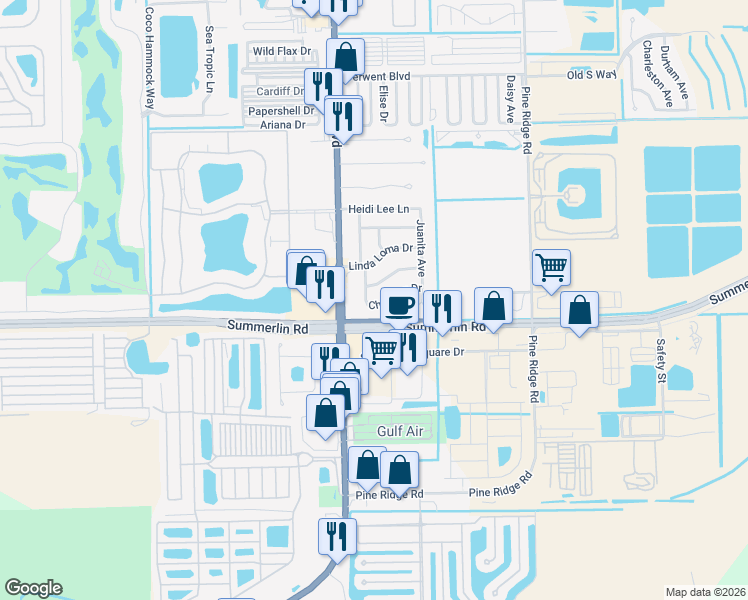 map of restaurants, bars, coffee shops, grocery stores, and more near 11471 Char Ann Drive in Fort Myers