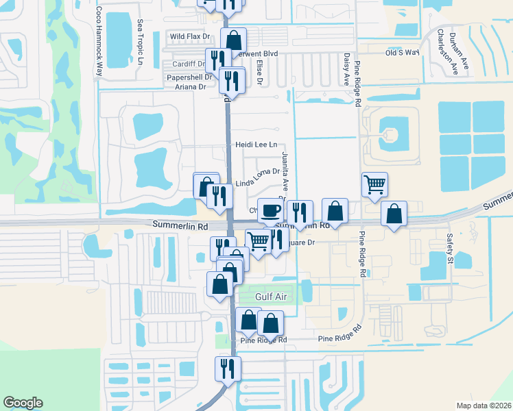 map of restaurants, bars, coffee shops, grocery stores, and more near 11471 Char Ann Drive in Fort Myers