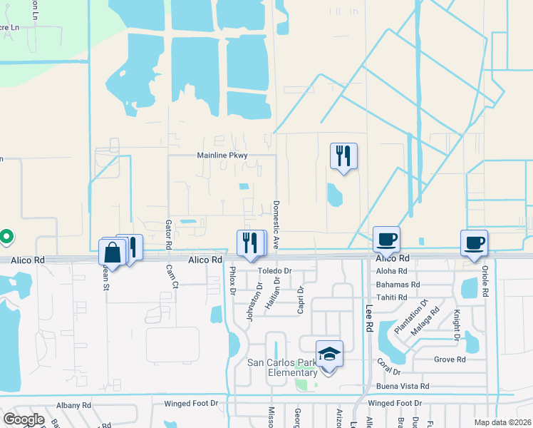 map of restaurants, bars, coffee shops, grocery stores, and more near 8151 Alico Road in Fort Myers