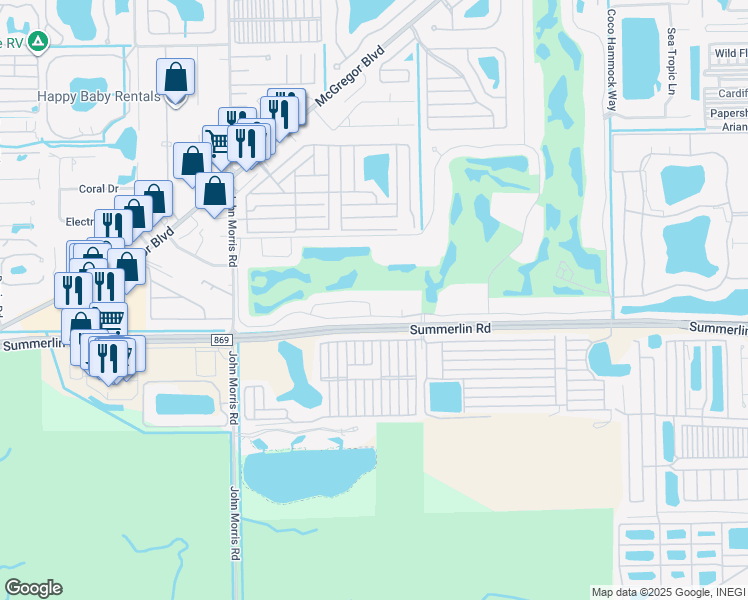 map of restaurants, bars, coffee shops, grocery stores, and more near 12580 Kelly Palm Drive in Fort Myers