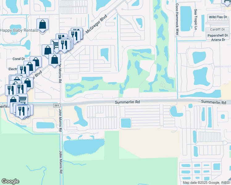 map of restaurants, bars, coffee shops, grocery stores, and more near 12520 Kelly Greens Boulevard in Fort Myers