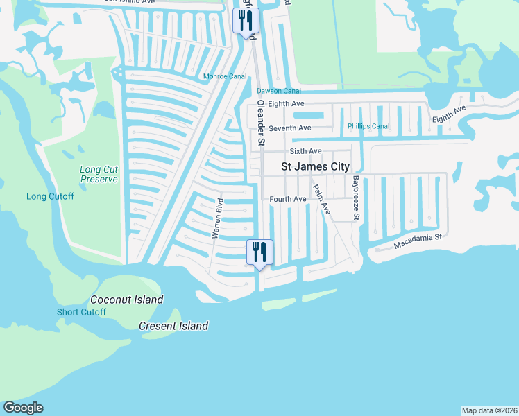 map of restaurants, bars, coffee shops, grocery stores, and more near 2420 Oleander Street in Saint James City