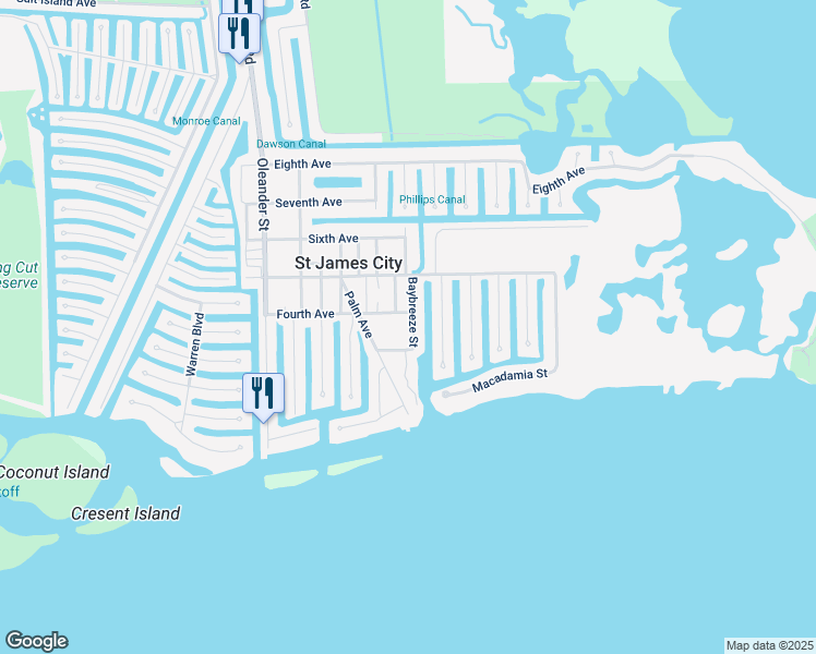 map of restaurants, bars, coffee shops, grocery stores, and more near 2430 Baybreeze Street in Saint James City