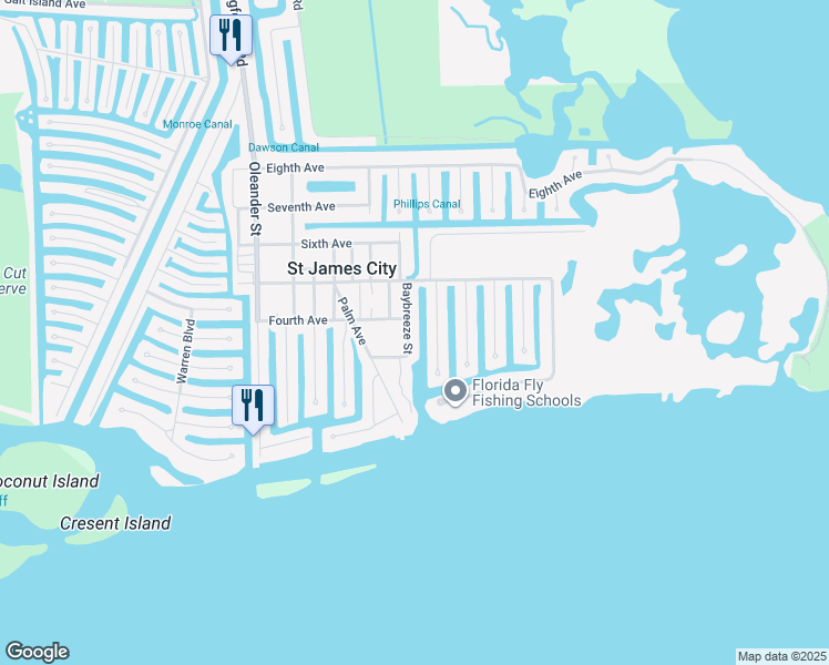 map of restaurants, bars, coffee shops, grocery stores, and more near 2430 Baybreeze Street in Saint James City