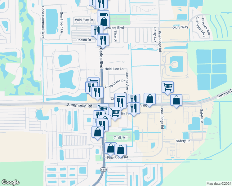 map of restaurants, bars, coffee shops, grocery stores, and more near 11431 Linda Loma Drive in Fort Myers