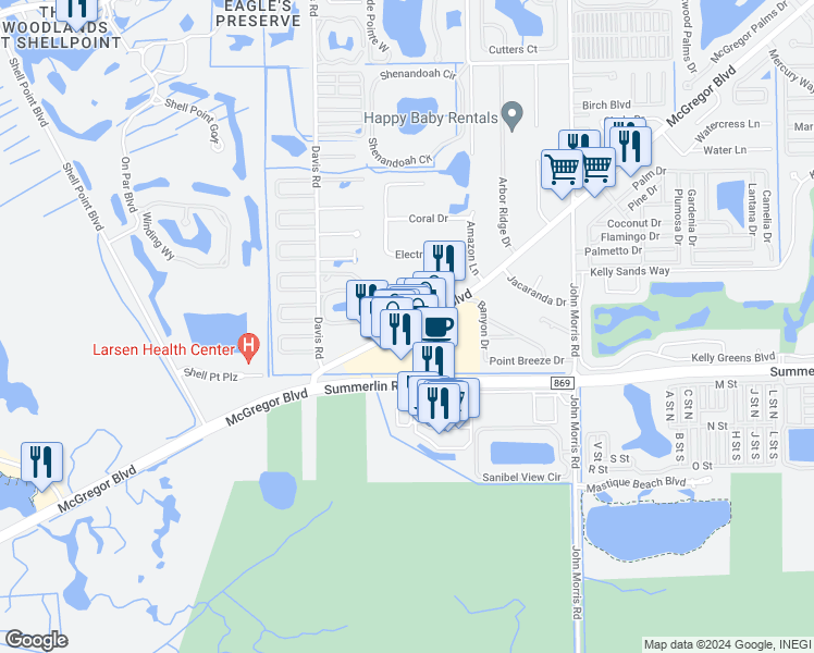map of restaurants, bars, coffee shops, grocery stores, and more near 16956 McGregor Blvd in Fort Myers